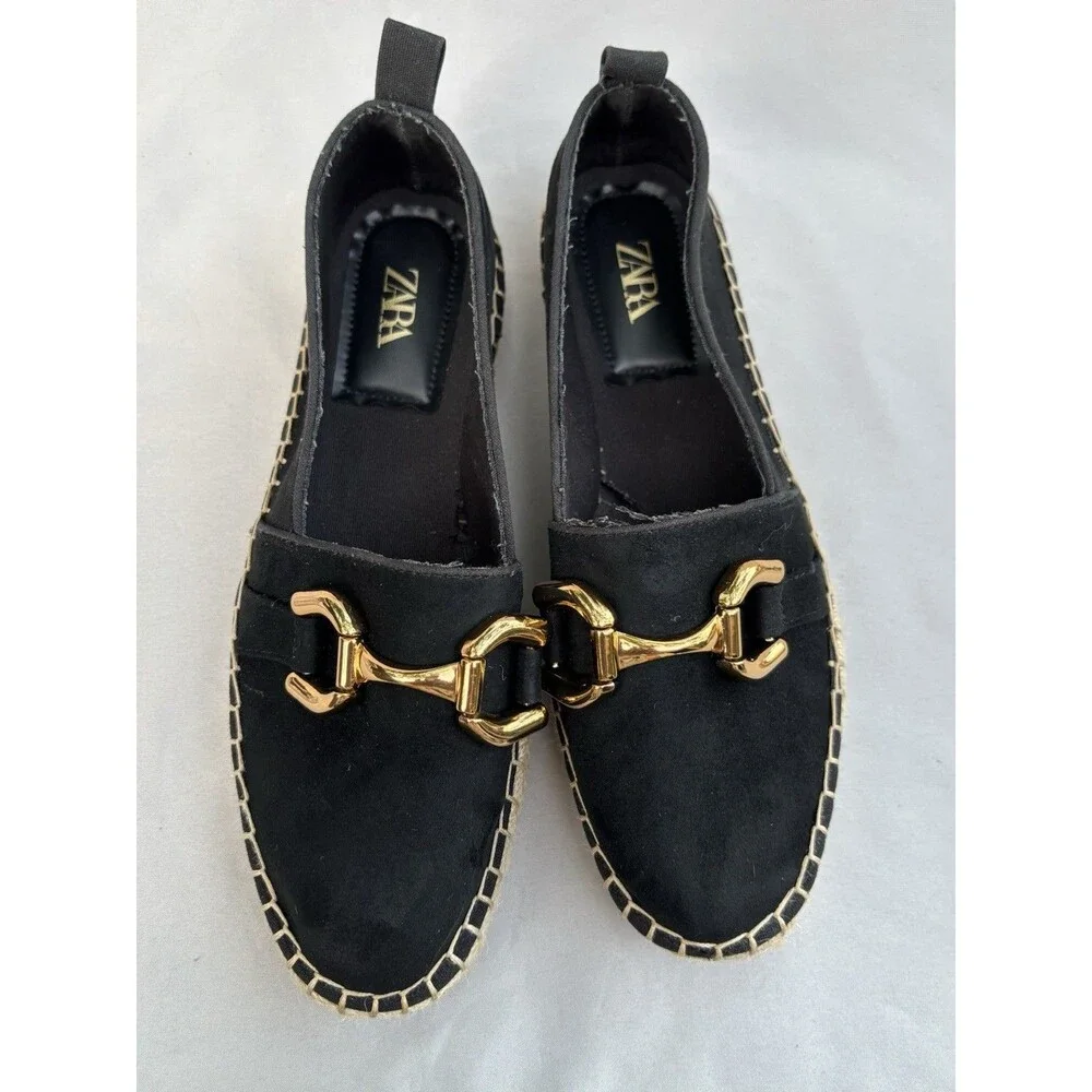 Zara Black Swede  Espadrille Flats with Gold Buckle 39